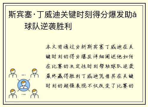 斯宾塞·丁威迪关键时刻得分爆发助力球队逆袭胜利