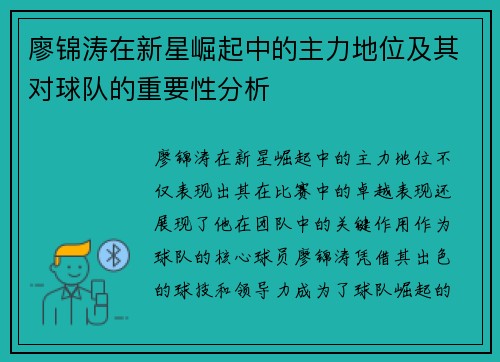 廖锦涛在新星崛起中的主力地位及其对球队的重要性分析